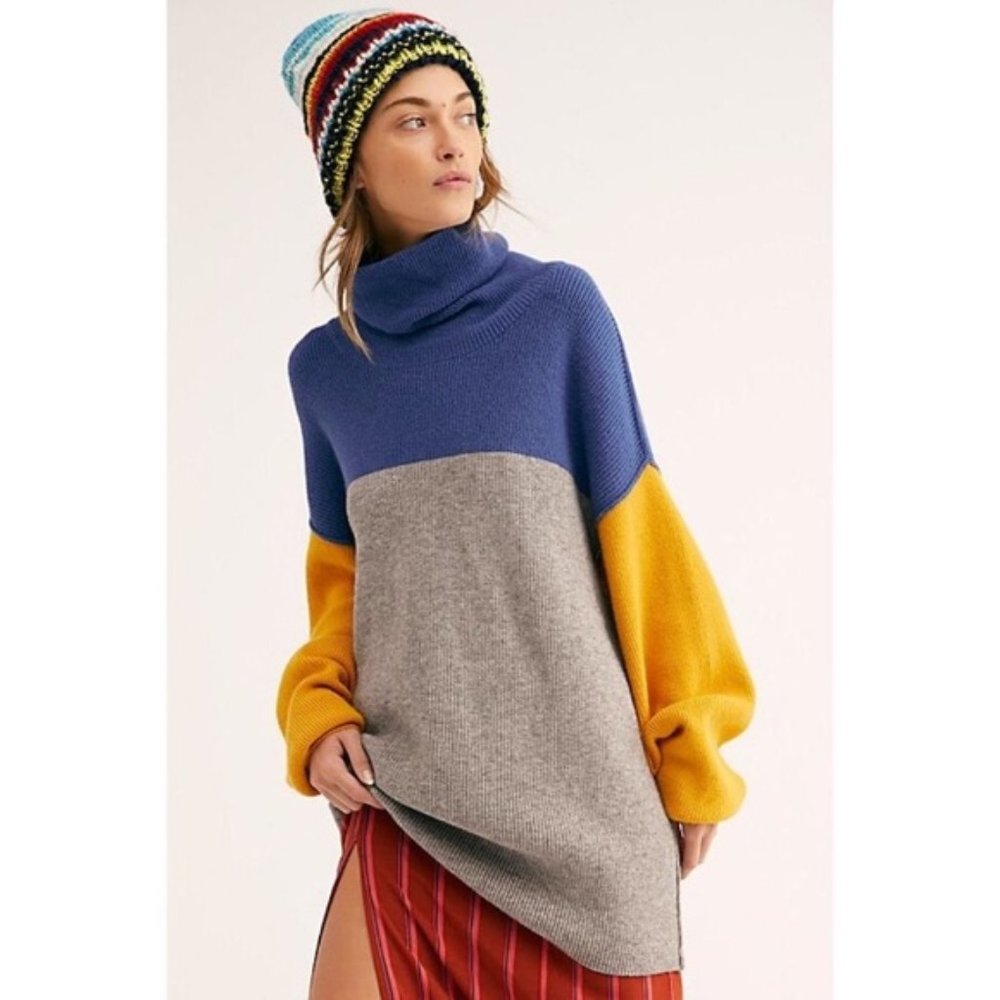 Free People Softly Structured Colorblock Tunic Turtleneck Sweater